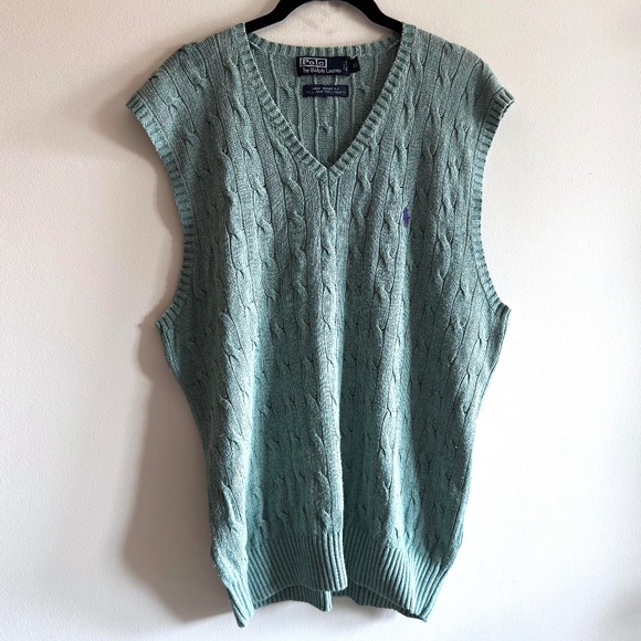 Vintage Polo Ralph Lauren Silk Cable Knit Vest XL Teal Preppy Old Money Classic - Picture 1 of 7